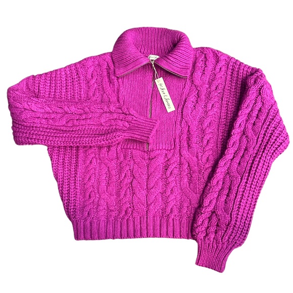 For Love And Lemons Andi Zip Neck Cable Knit Quarter Zip Sweater, Fuchsia, XL - Picture 6 of 7